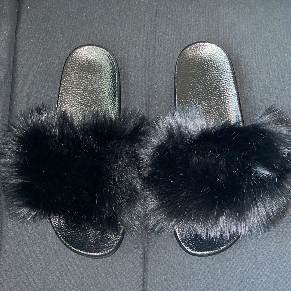 Black Furry Slides